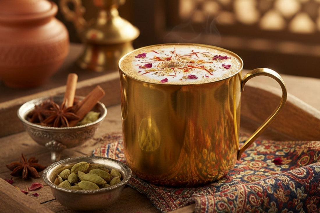 Rasmalai Chai Latte alongside two bowls of cardamom and other spices