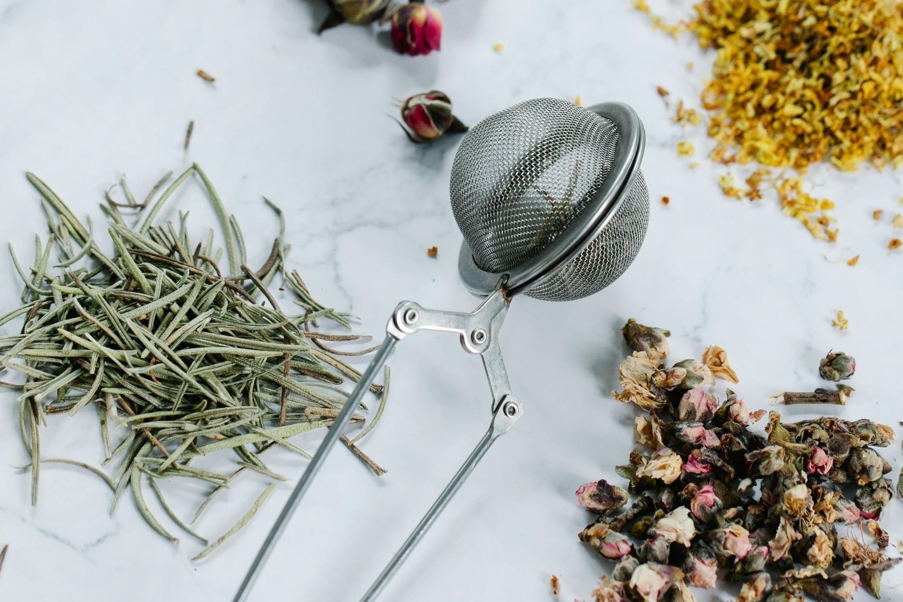 Tea Strainer surrounded by different spices