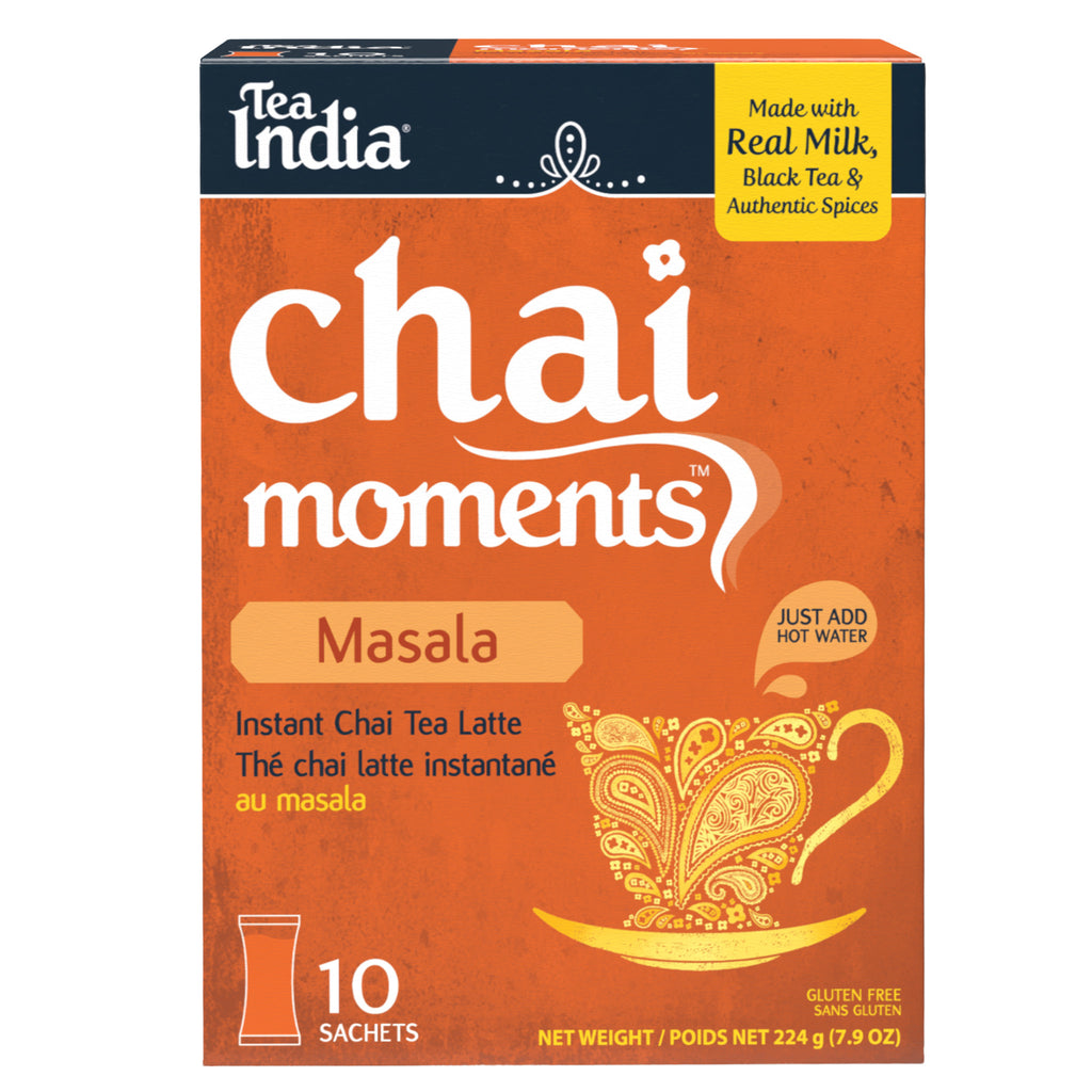 Box of Tea India Chai Moments Masala instant chai tea latte on a white background