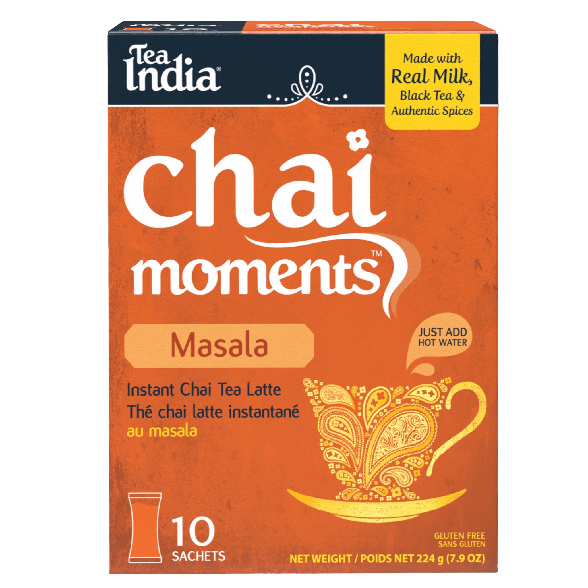 Box of Tea India Chai Moments Masala instant chai tea latte on a white background