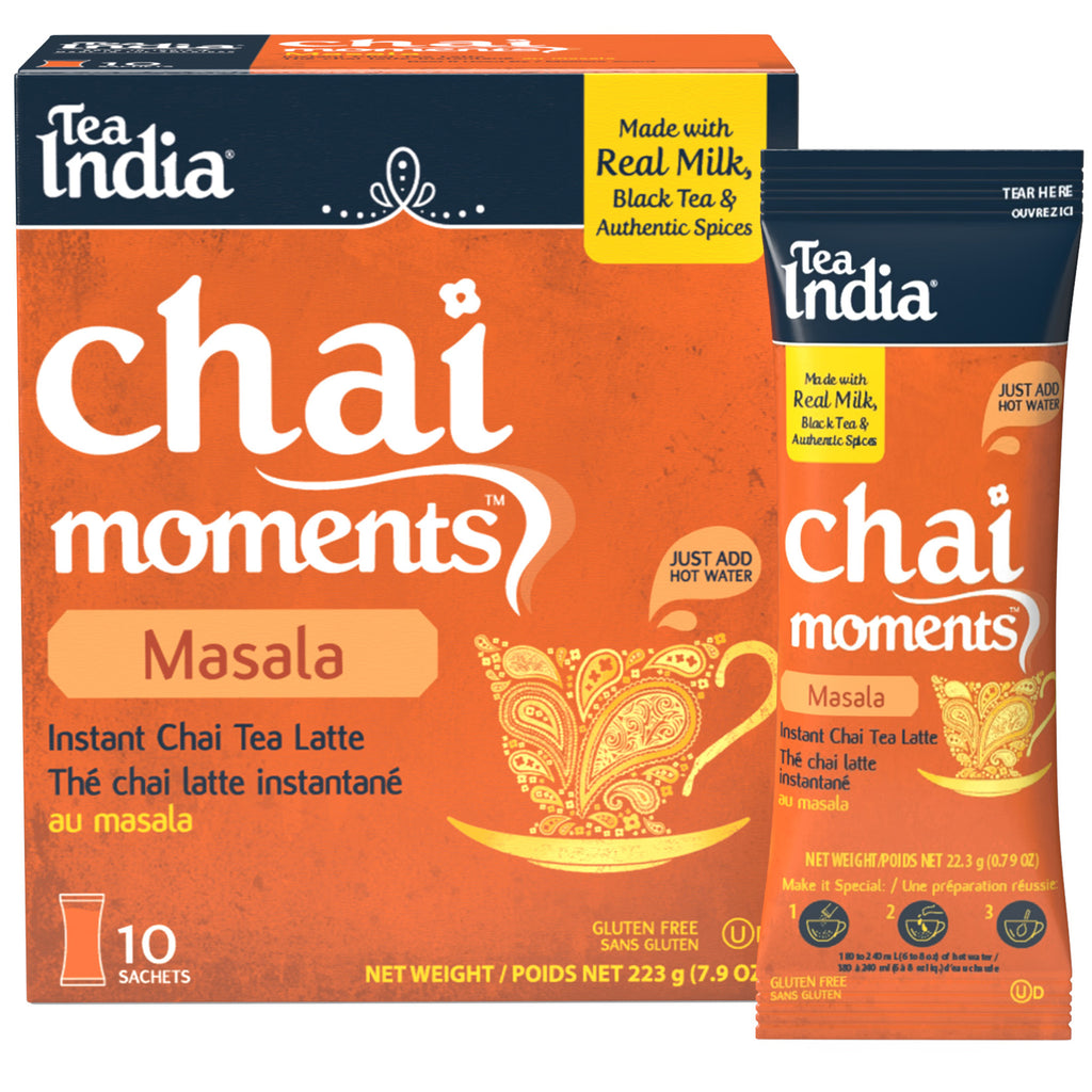 Tea India Chai Moments Masala packaging with individual serving sachet on a white background