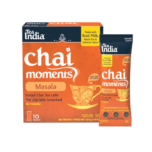 Tea India Chai Moments Masala packaging with individual serving sachet on a white background