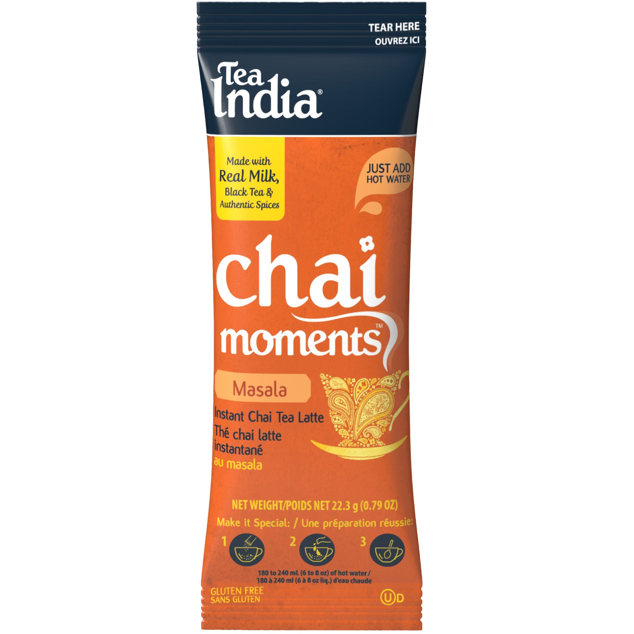 Tea India Chai Moments Masala instant chai tea latte individual sachet on a white background