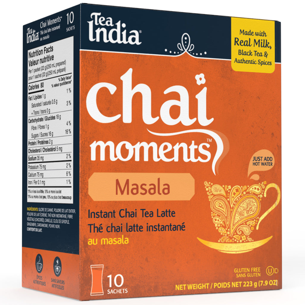 Box of Tea India Chai Moments Masala instant chai tea latte, showing 10 sachets and a nutrition facts panel