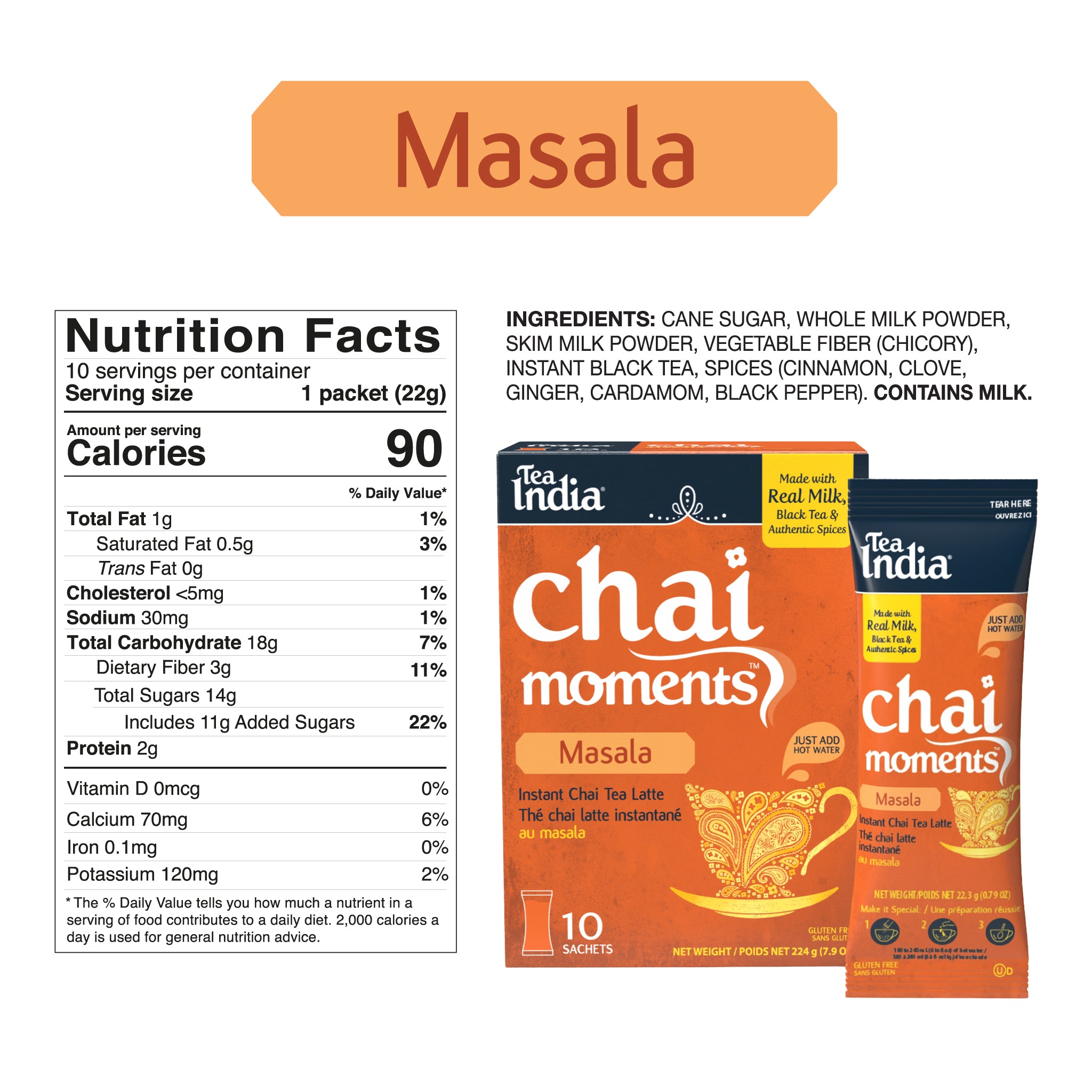 Tea India Chai Moments Masala packaging with nutrition facts on a white background