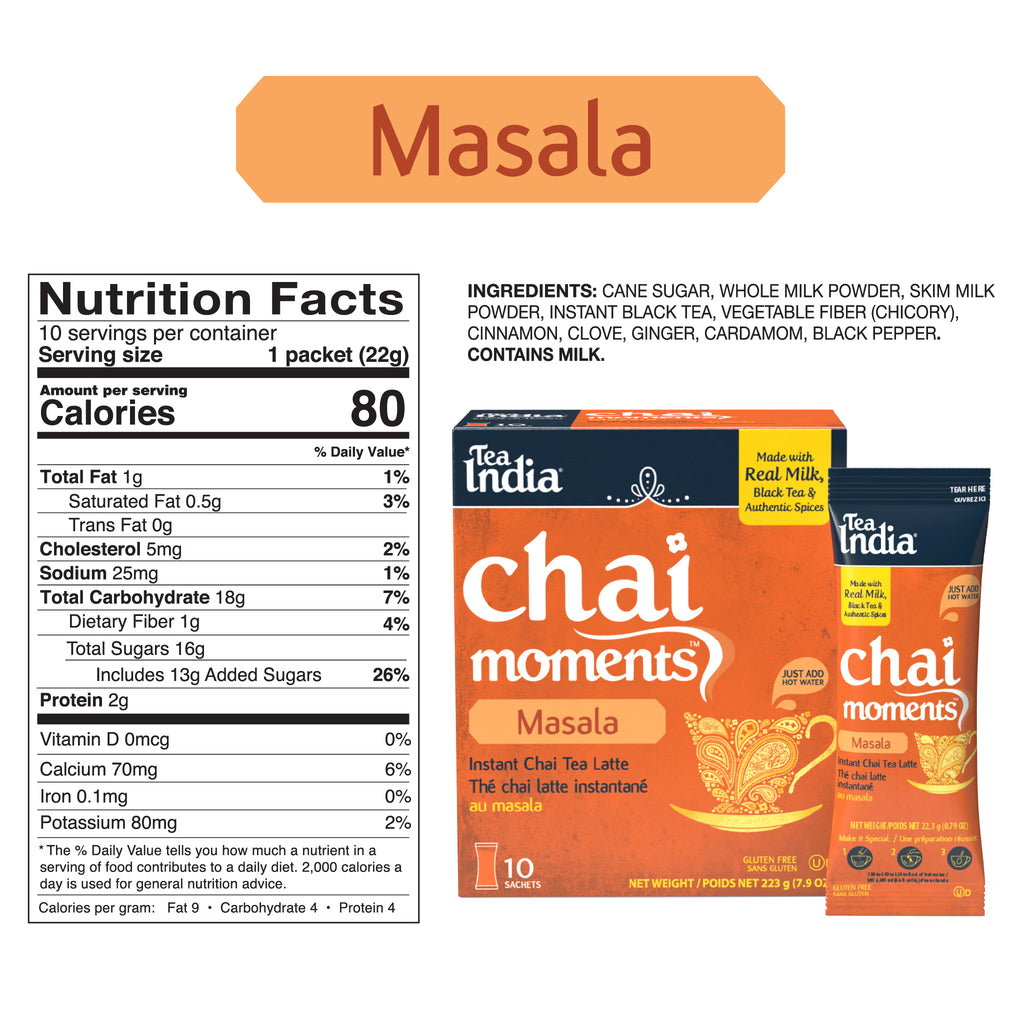 Nutrition facts label and ingredient statement for Tea India Chai Moments Masala instant chai tea latte showing 80 calories per sachet