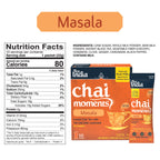 Nutrition facts label and ingredient statement for Tea India Chai Moments Masala instant chai tea latte showing 80 calories per sachet