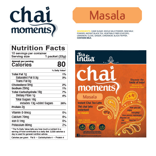Nutrition facts label and ingredient statement for Tea India Chai Moments Masala instant chai tea latte showing 80 calories per sachet