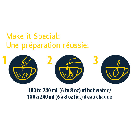 Instructions for preparing a beverage with hot water, shown as icons and text on a white background.