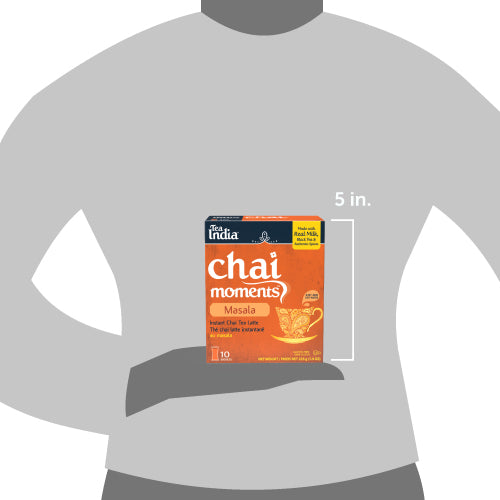 Tea India Chai Moments Masala package on a gray shirt with dimensions indicated.