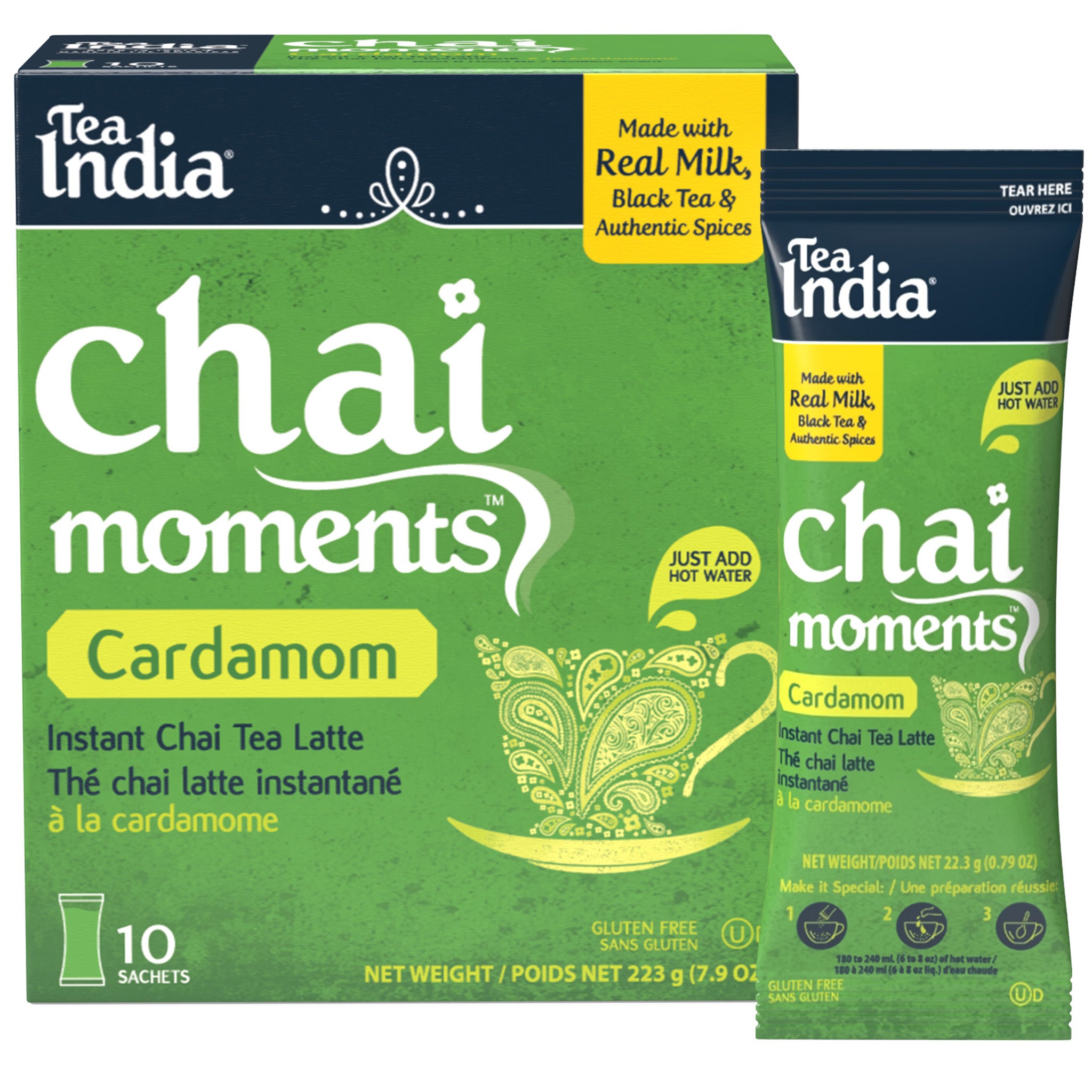Tea India Chai Moments Cardamom instant chai tea latte packaging on a white background