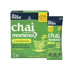 Tea India Chai Moments Cardamom packaging with an  individual serving sachet on a white background