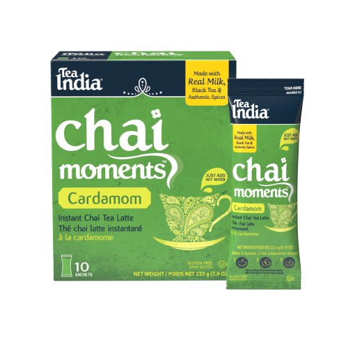Tea India Chai Moments Cardamom packaging with an  individual serving sachet on a white background