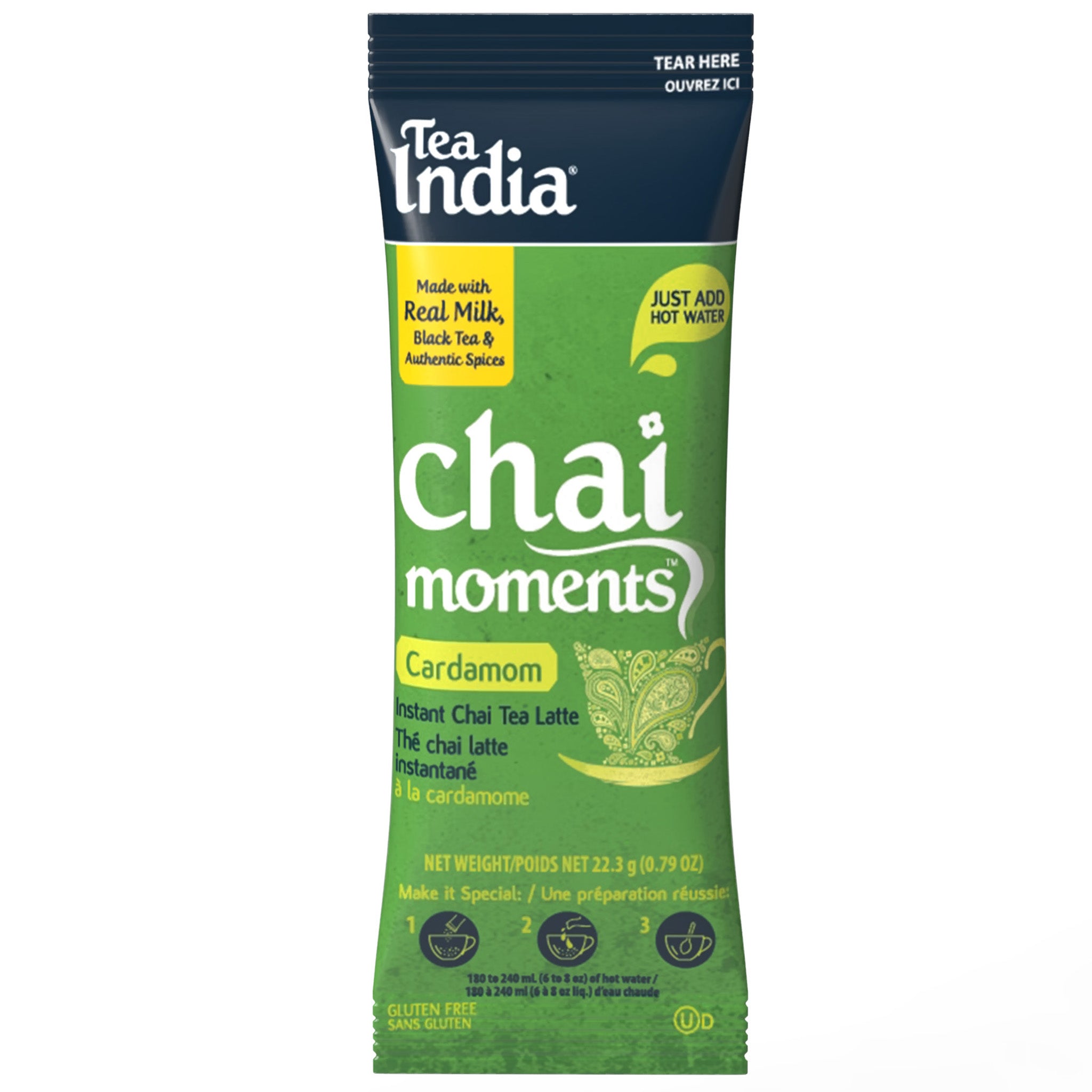 Tea India Chai Moments Cardamom instant chai tea latte individual serving sachet on a white background