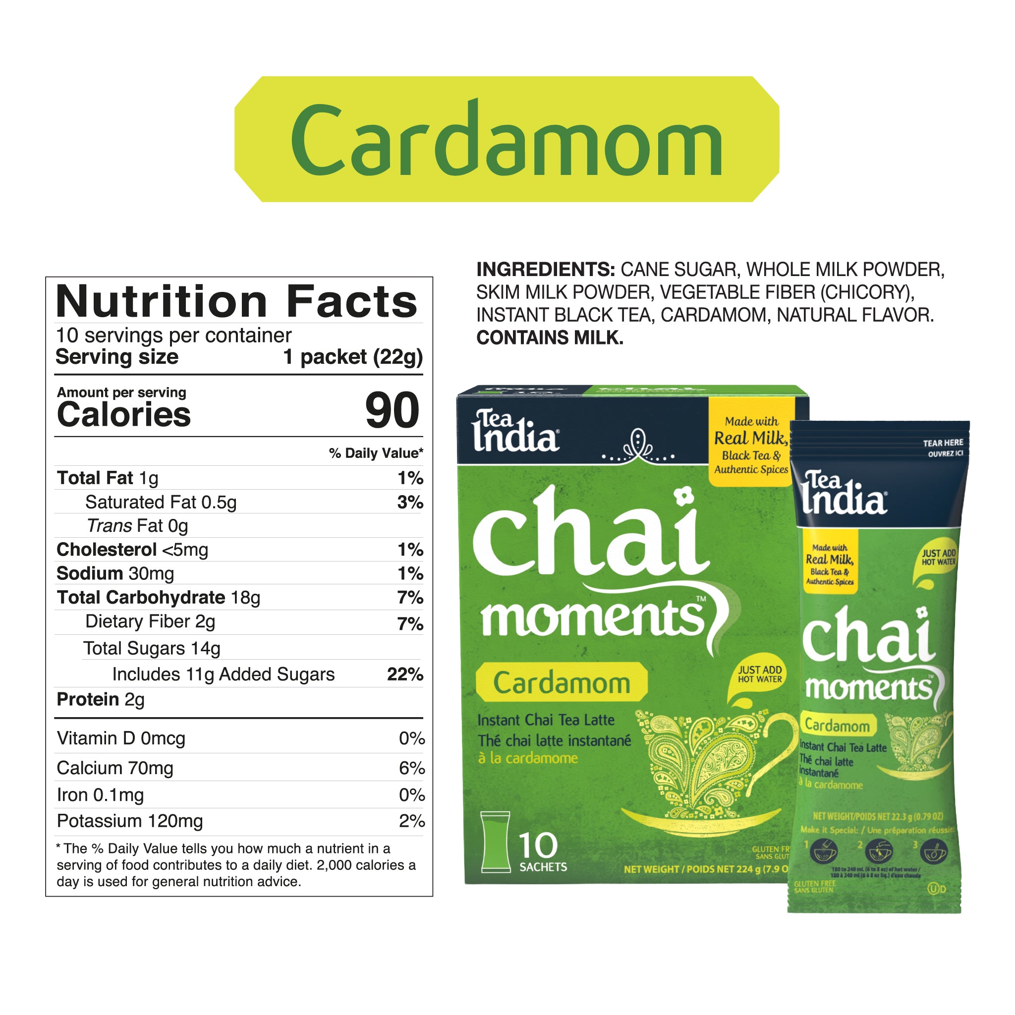 Tea India Chai Moments Cardamom packaging with nutrition facts and ingredients listed.