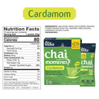 Nutrition facts and ingredient list for Tea India cardamom chai moments latte, showing calories, sugars, and main ingredients.