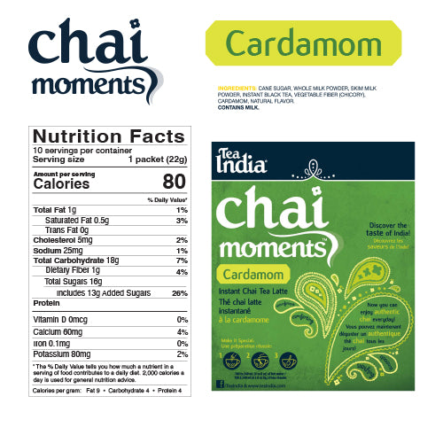 Nutrition facts and ingredient list for Tea India cardamom chai moments latte, showing calories, sugars, and main ingredients.