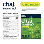 Nutrition facts and ingredient list for Tea India cardamom chai moments latte, showing calories, sugars, and main ingredients.
