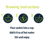Instructions for preparing a special drink with hot water, shown in three steps on a white background.