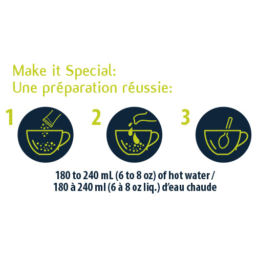 Instructions for preparing a special drink with hot water, shown in three steps on a white background.