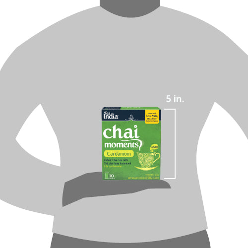 Tea India Chai Moments Cardamom package on a gray shirt with size indication.