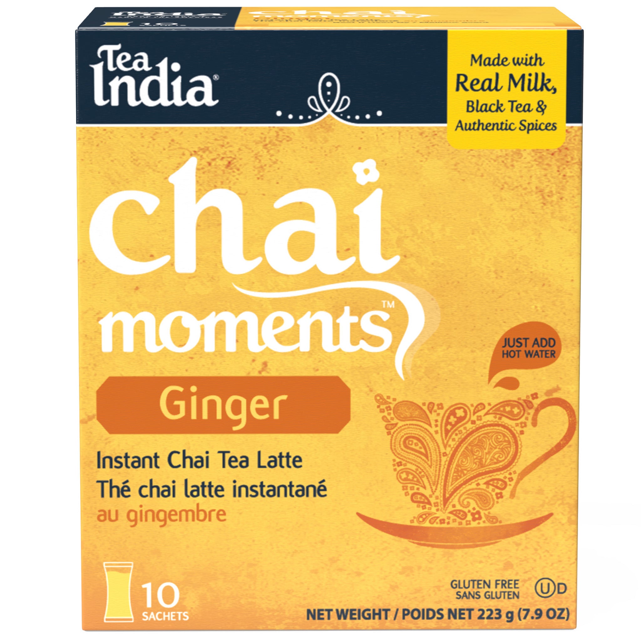 Box of Tea India ginger chai moments instant latte with 10 sachets, made with real milk, black tea, and authentic spices