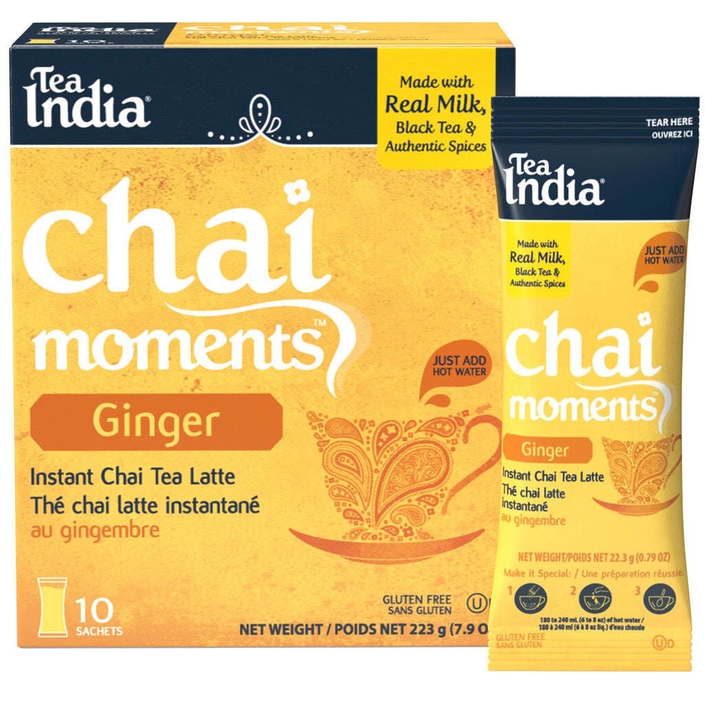 Tea India Chai Moments Ginger instant chai tea latte packaging with an individual serving sachet on a white background