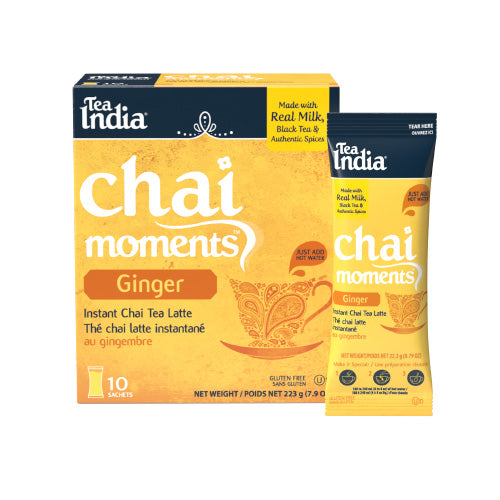 Tea India Chai Moments Ginger instant chai tea latte packaging with an individual serving sachet on a white background