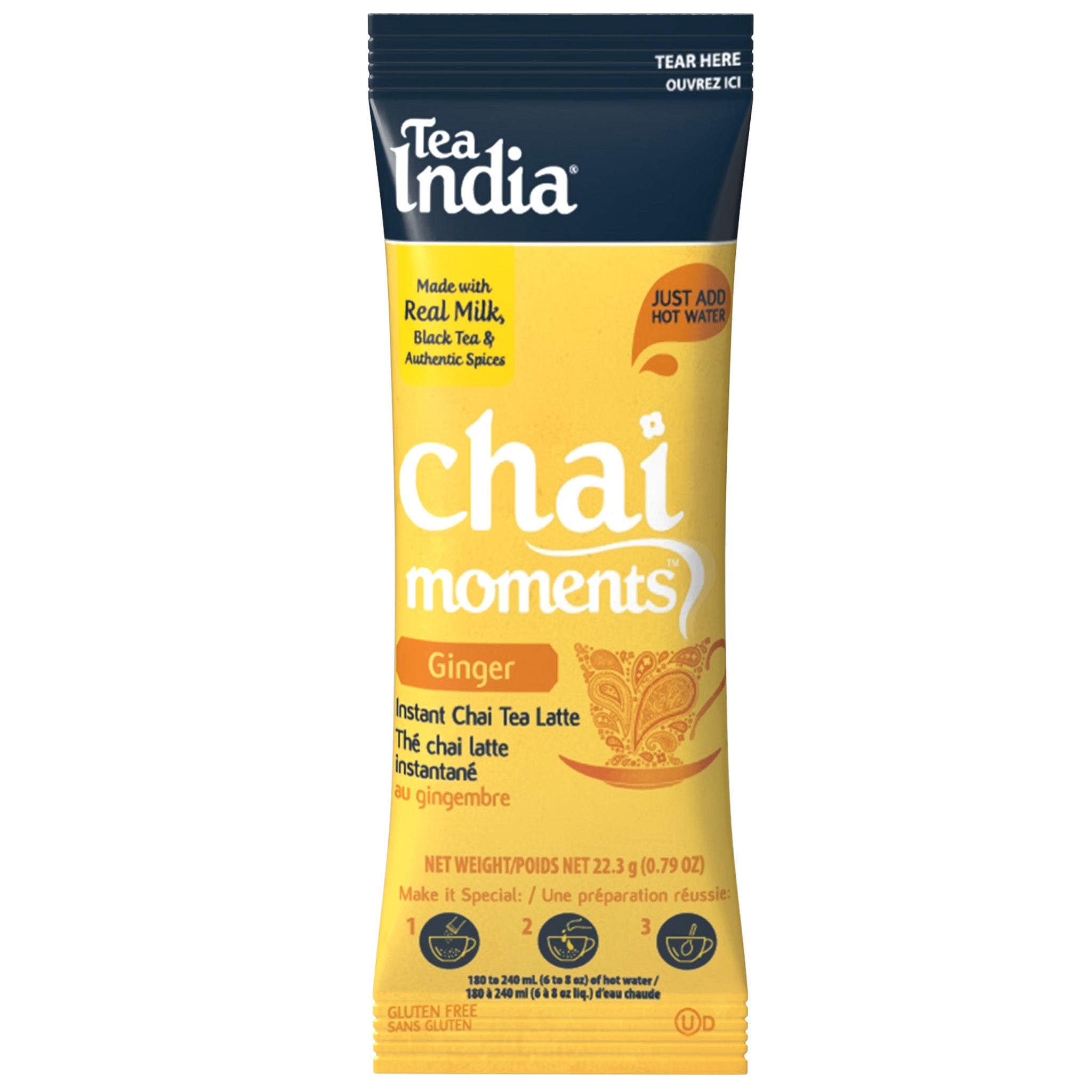 Tea India Chai Moments Ginger instant chai tea latte individual serving sachet on a white background