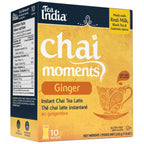 Box of Tea India ginger chai moments instant latte with 10 sachets, made with real milk, black tea, and authentic spices
