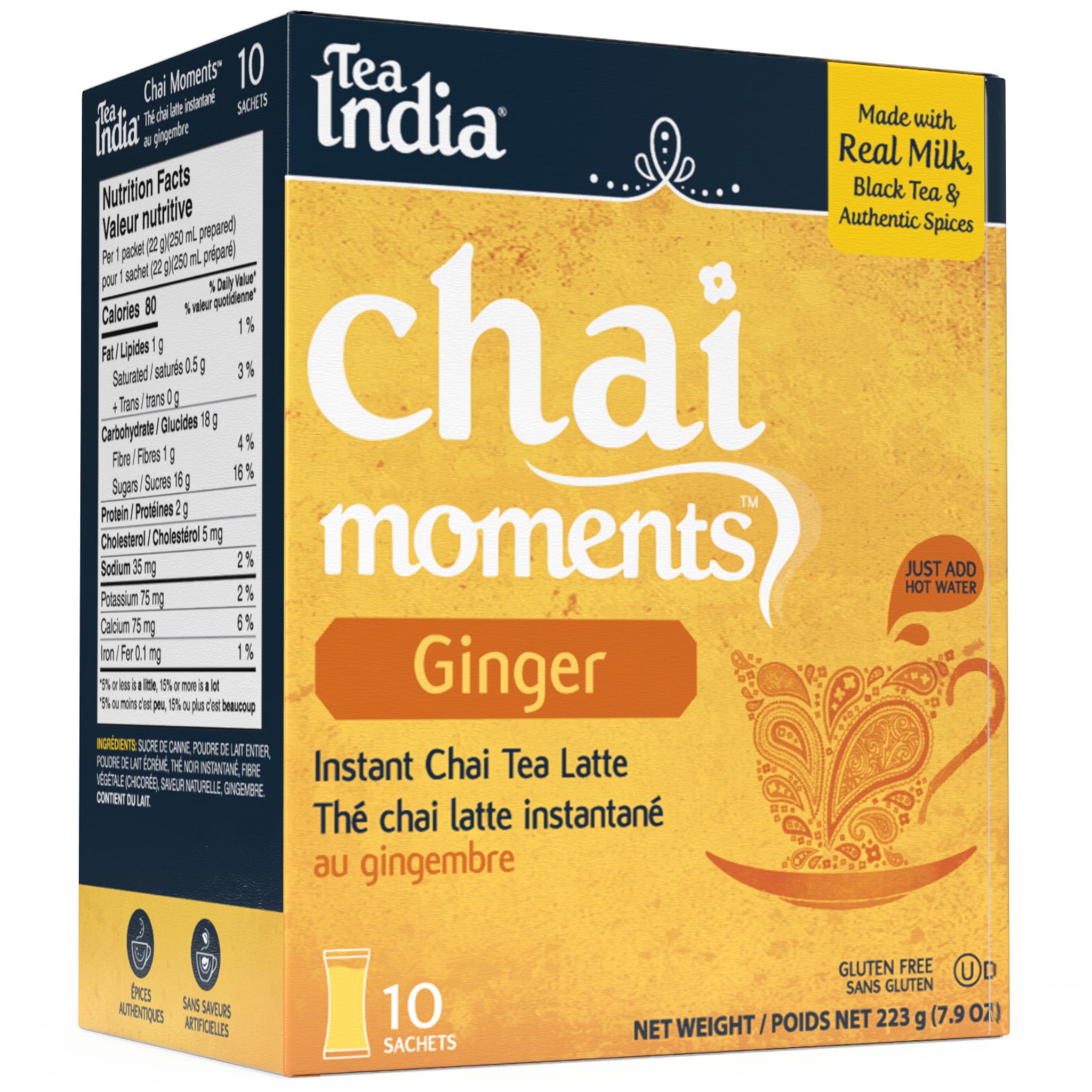Box of Tea India ginger chai moments instant latte with 10 sachets, made with real milk, black tea, and authentic spices