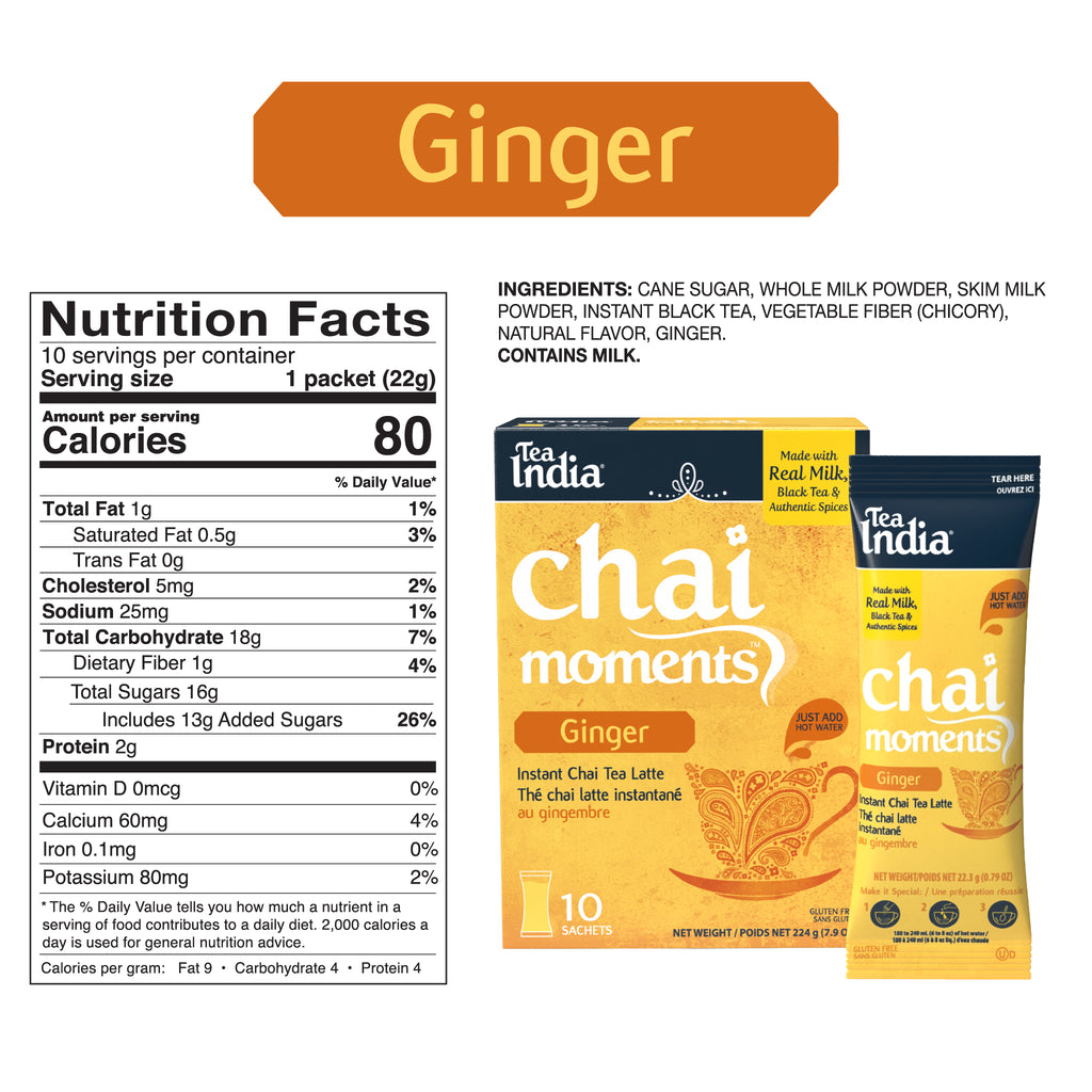 Tea India Chai Moments Ginger packaging with nutrition facts label on a white background