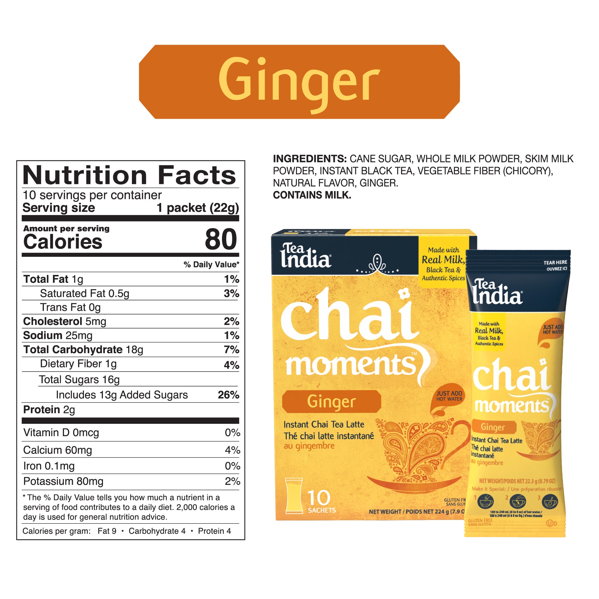 Tea India Chai Moments Ginger packaging with nutrition facts label on a white background