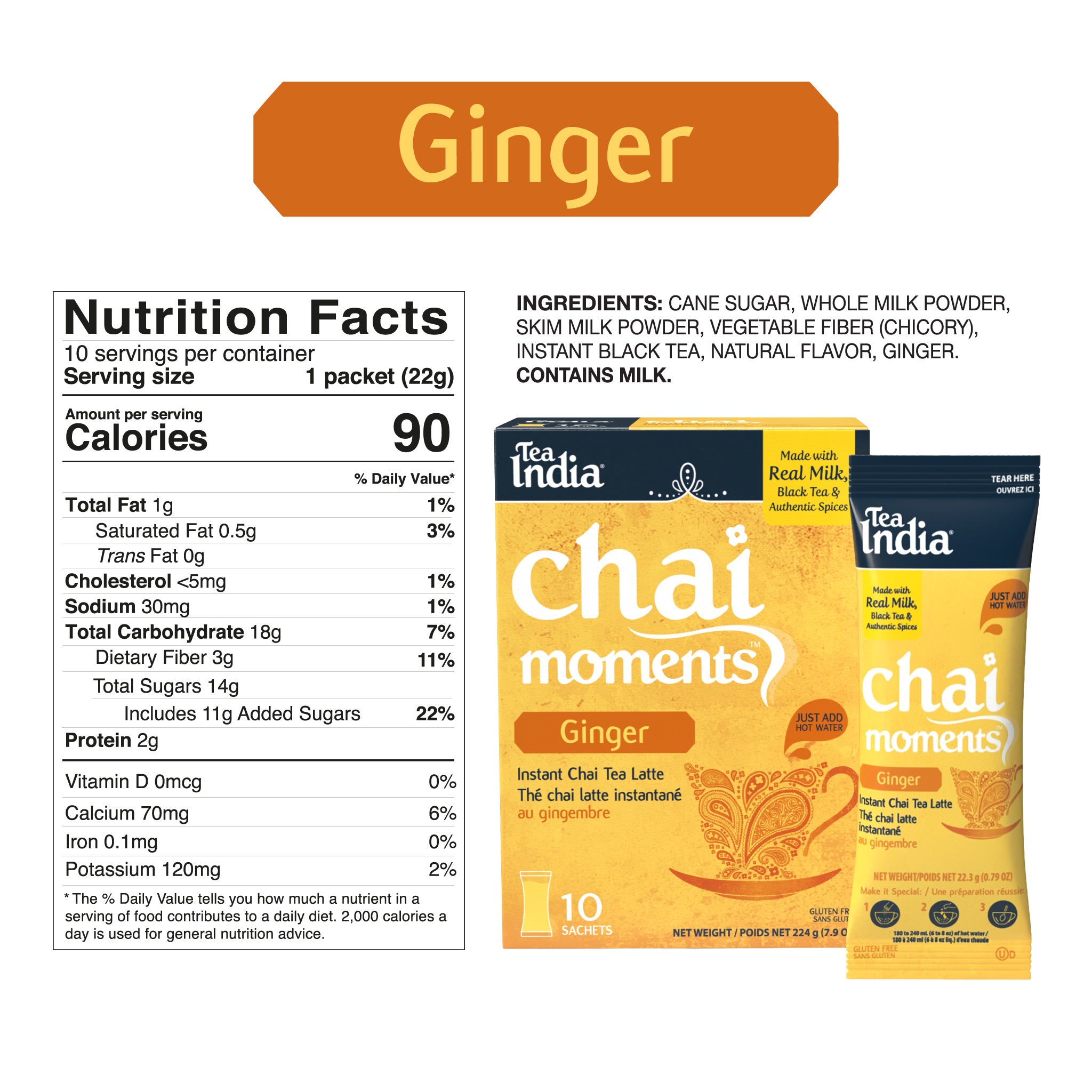 Tea India Chai Moments Ginger packaging with nutrition facts and ingredients listed.