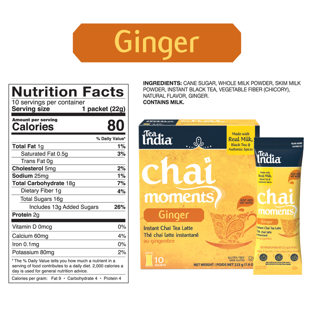 Nutrition facts and ingredient list for Tea India ginger chai moments latte, showing calories, sugars, and key ingredients