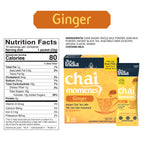 Nutrition facts and ingredient list for Tea India ginger chai moments latte, showing calories, sugars, and key ingredients