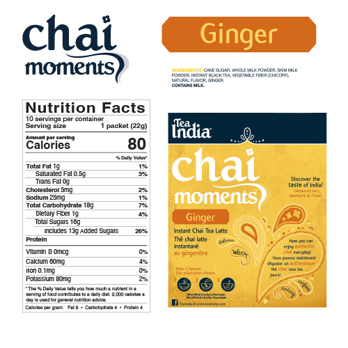 Nutrition facts and ingredient list for Tea India ginger chai moments latte, showing calories, sugars, and key ingredients