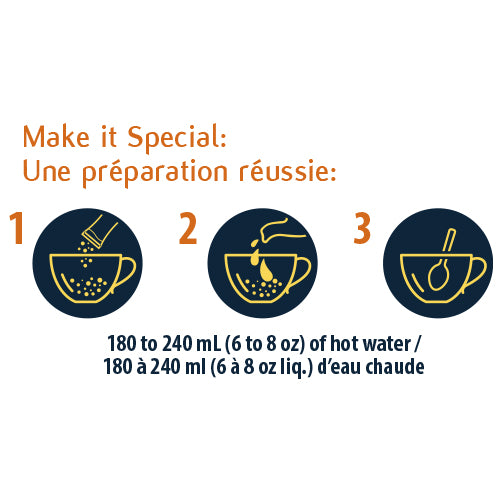 Instructions for preparing a beverage with hot water, shown as icons and text on a white background.