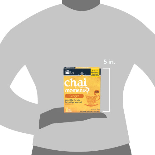 Tea package labeled 'Chai Moments' on a gray shirt with dimensions indicated.