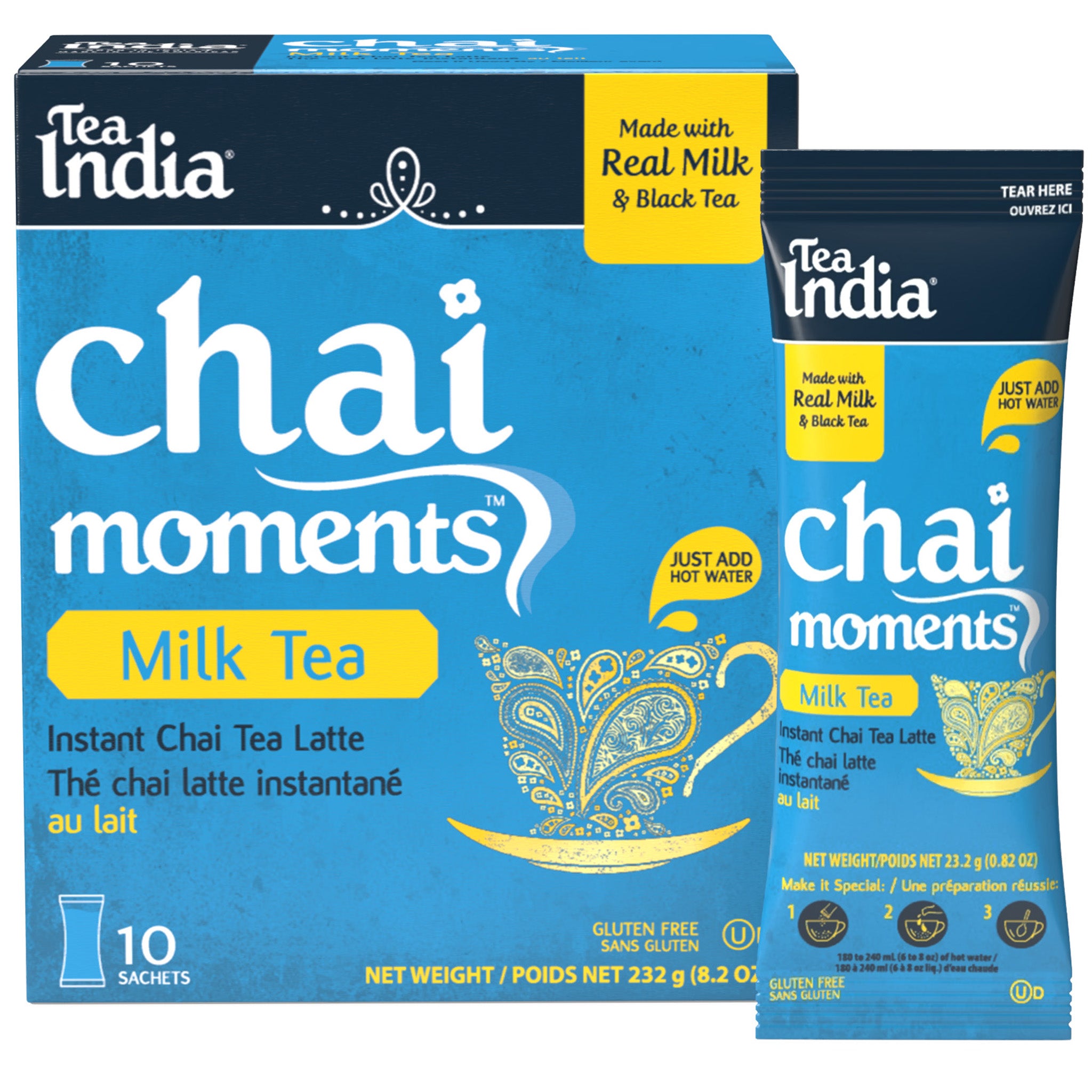 Tea India Chai Moments Milk Tea packaging on a white background with a sachet