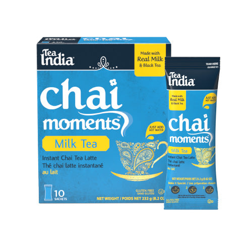 Tea India Chai Moments Milk Tea packaging on a white background with a sachet