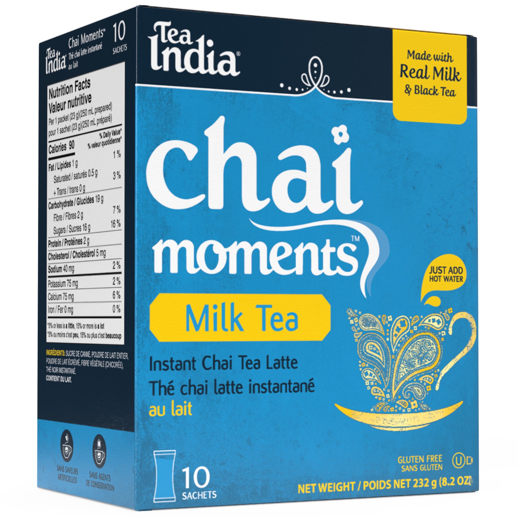 Box of Tea India milk tea chai moments instant latte with 10 sachets, made with real milk and black tea