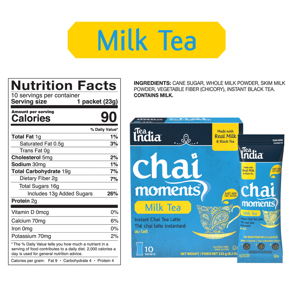Chai Moments Milk Tea package with nutrition facts label on a white background
