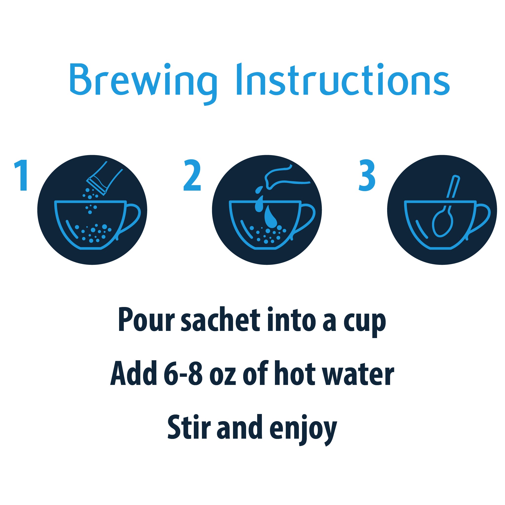 Instructions for preparing a beverage with hot water, shown in three steps on a white background.