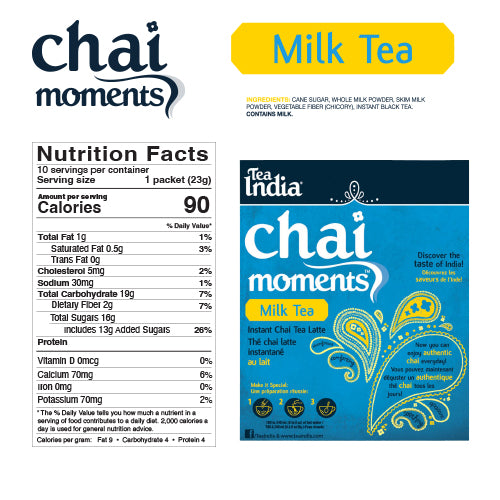 Chai Moments Milk Tea package with nutrition facts label on a white background