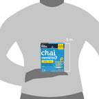 Tea India Chai Moments Milk Tea package on a gray shirt with dimensions indicated.