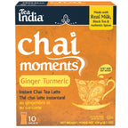 Box of Tea India Chai Moments Ginger Turmeric instant chai tea latte, showing 10 sachets and a nutrition facts panel