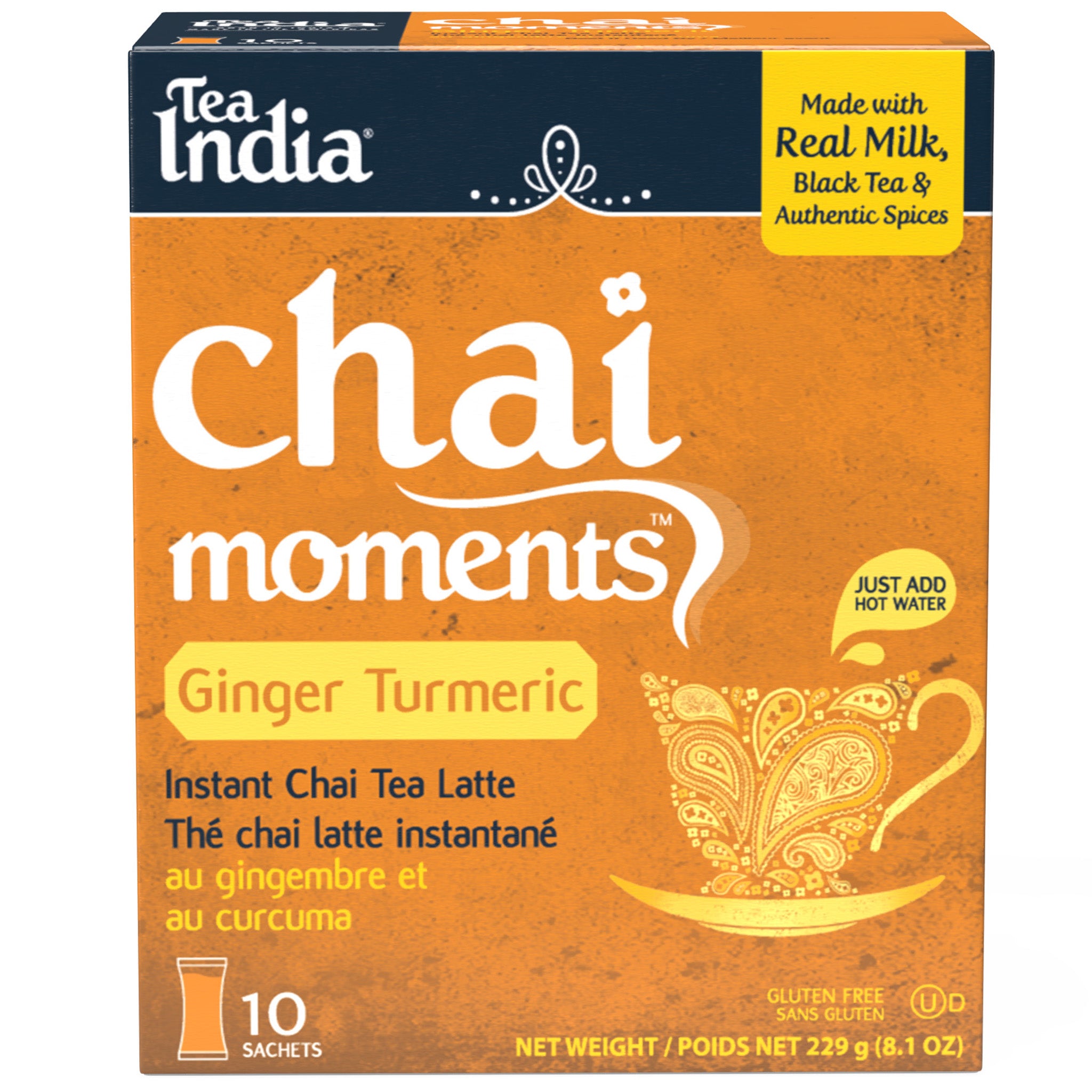 Box of Tea India Chai Moments Ginger Turmeric instant chai tea latte, showing 10 sachets and a nutrition facts panel
