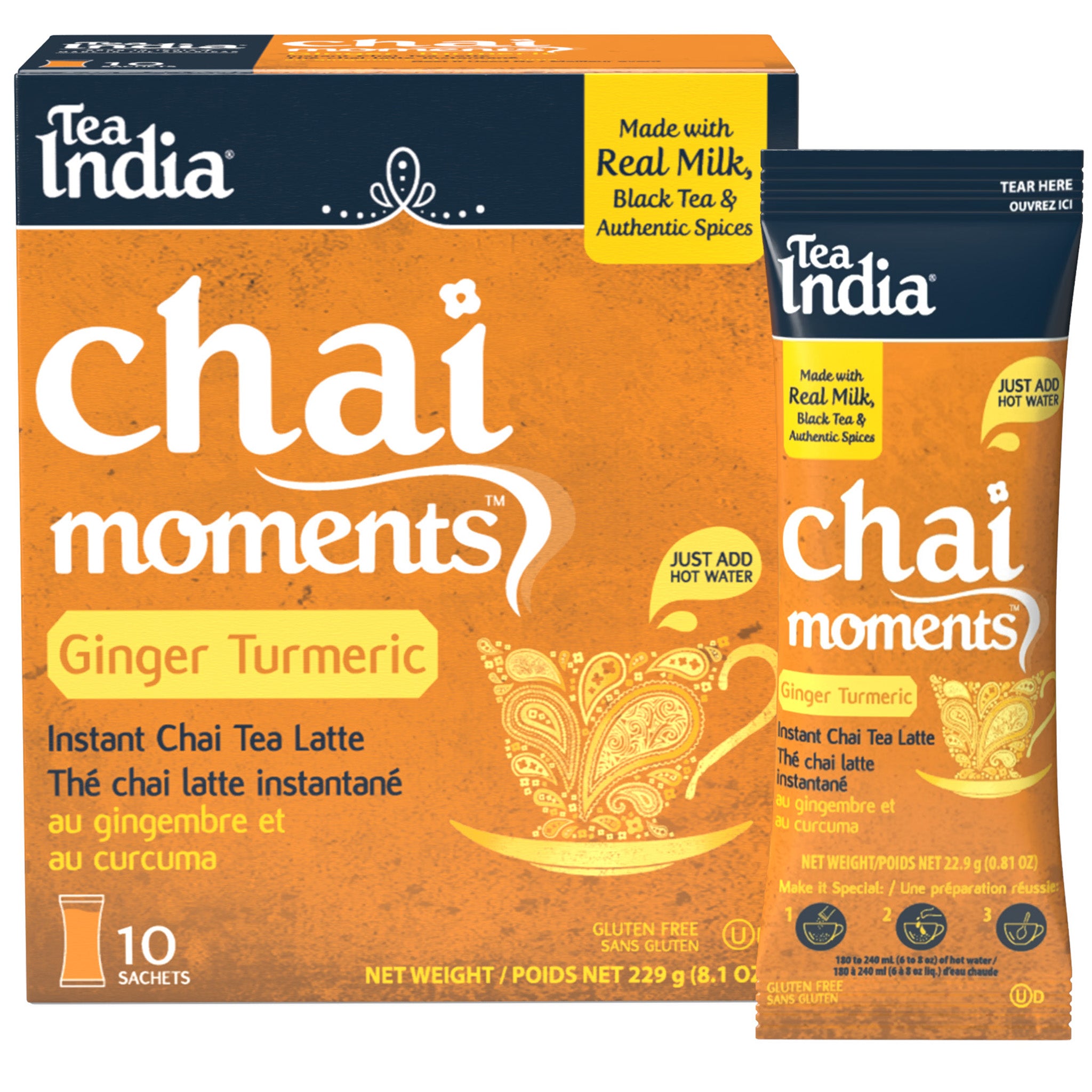 Box and  individual serving sachet of Tea India Chai Moments Ginger Turmeric on a white background