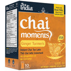 Box of Tea India Chai Moments Ginger Turmeric instant chai tea latte, showing 10 sachets and a nutrition facts panel